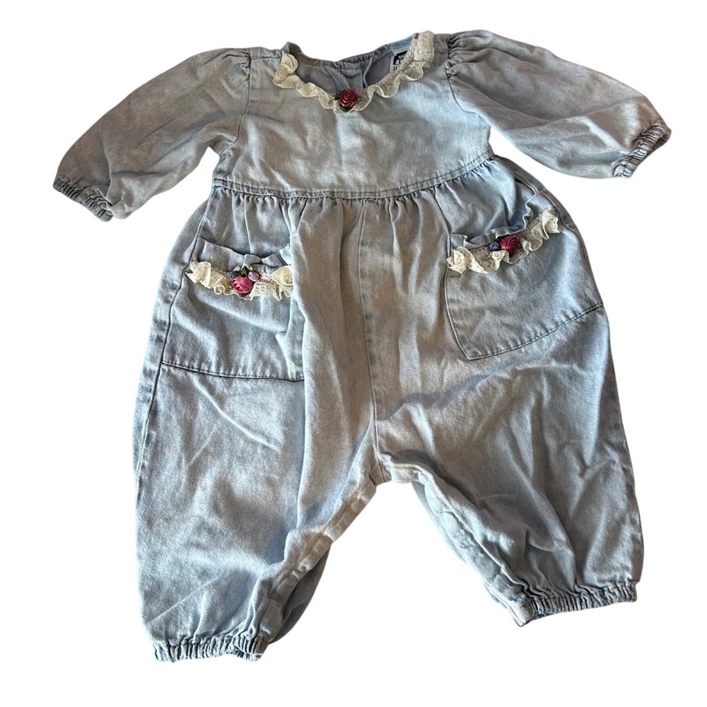 Vintage 90s Wee Boxers Baby Girl Denim Romper Size 12 Months Roses Lace Feminine